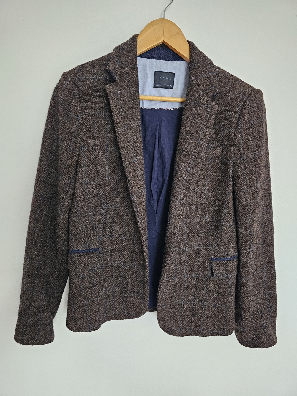 Zara Brown Navy Herringbone Wool Blazer Size L Office Wear Preppy